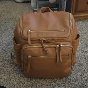 Omanmoli Diaper Bag Backpack - Tan Vegan Leather - Large Capacity Travel Bag